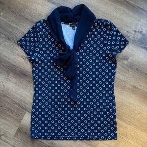 EUC - Talbots Navy Pattern Blouse with Scarf Neck Tie
